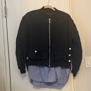 Zara Black Bomber Jacket with Blue Striped Shirt